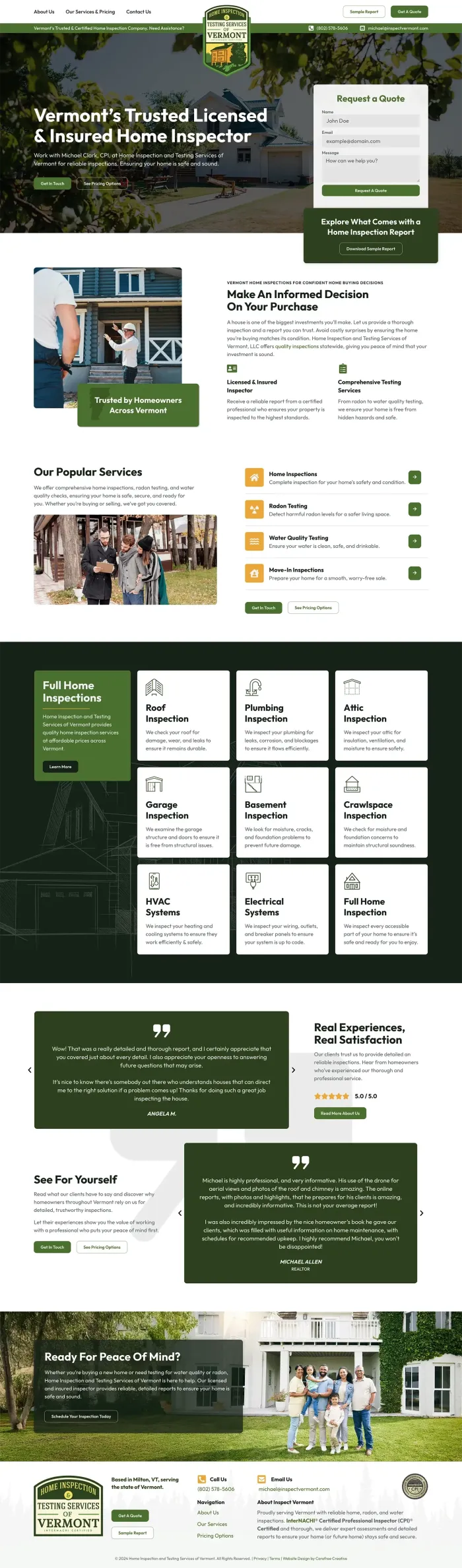 Home Inspection & Testing Services of VT website